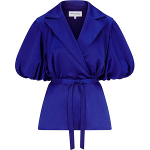 Puff Sleeve Notched Lapel Blouse in Royal Blue - Front Product Picture
