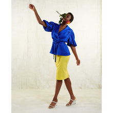 Load image into Gallery viewer, Puff Sleeve Notched Lapel Blouse in Royal Blue - Front Side
