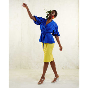 Puff Sleeve Notched Lapel Blouse in Royal Blue - Front Side