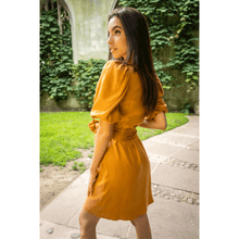 Load image into Gallery viewer, Draped Vegan-Cupro Wrap Dress (Burnt Orange) Side Profile
