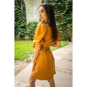 Draped Vegan-Cupro Wrap Dress (Burnt Orange) Side Profile