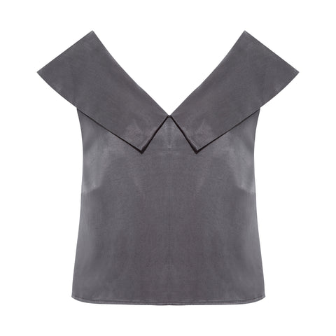 Off Shoulder Collared Crop Top (Charcoal Grey)