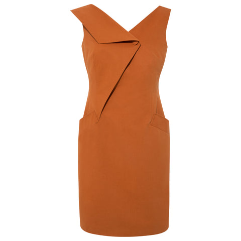 Asymmetric Lapel Tailored Cotton Dress (Burnt Orange)