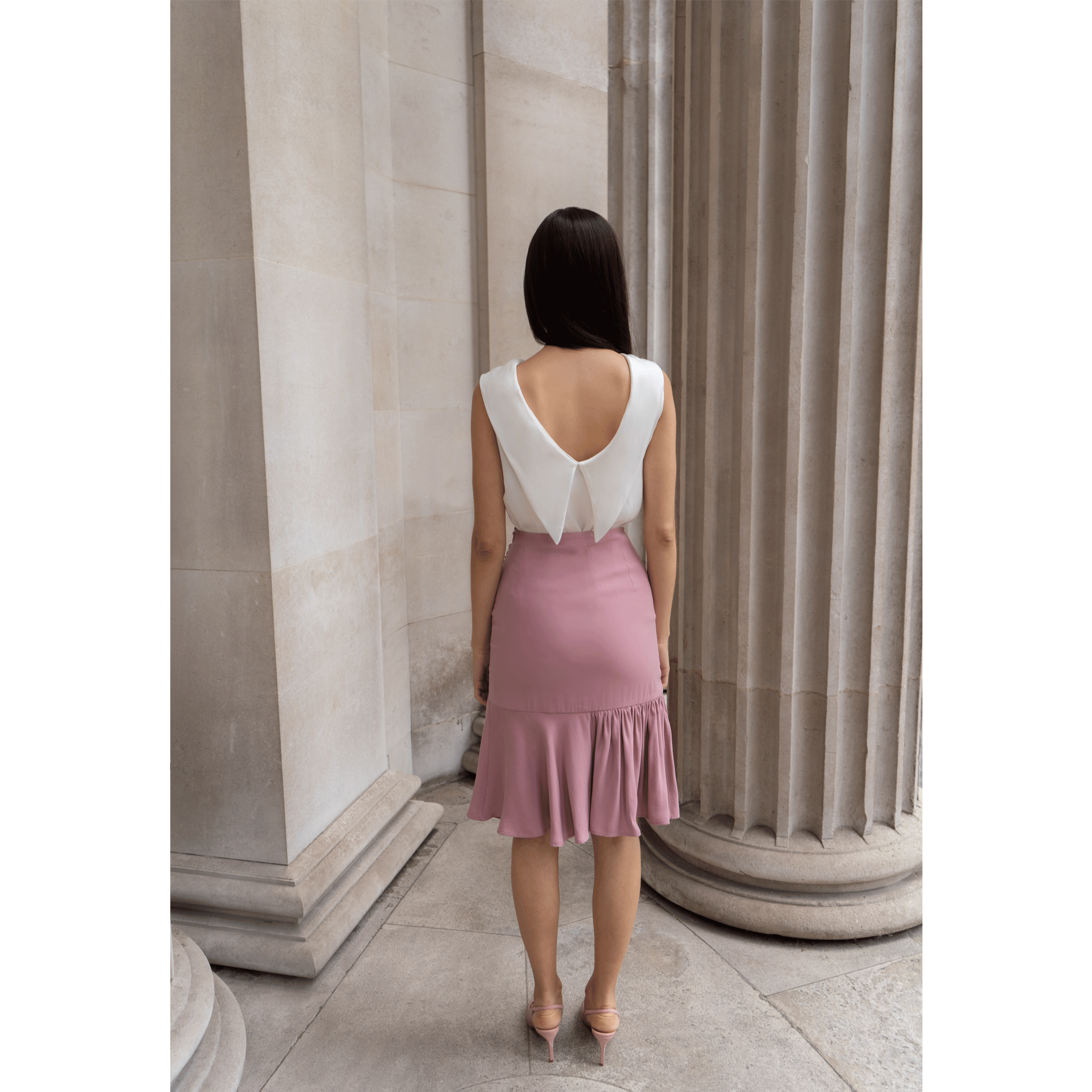 Pink asymmetrical skirt outfit hot sale