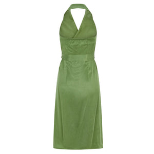 Green Halter Neck Midi Tuxedo Dress | Femponiq
