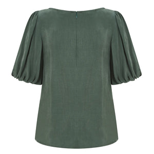  Green Puff Sleeve Vegan- Cupro Blouse | Femponiq