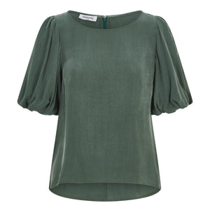  Green Puff Sleeve Vegan- Cupro Blouse | Femponiq
