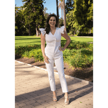 Load image into Gallery viewer, White Ruffled Sleeve Tuxedo Jumpsuit | Femponiq
