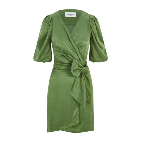 Draped Vegan-Cupro Wrap Dress (Avocado Green)