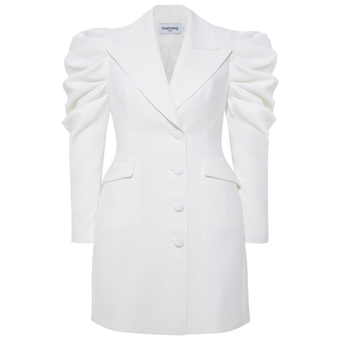 Draped Sleeved Tailored Blazer Dress (White)