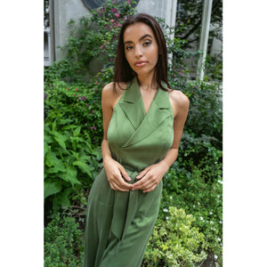 Green Halter Neck Midi Tuxedo Dress | Femponiq