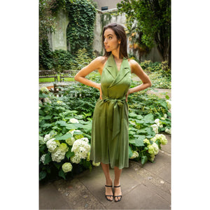 Green Halter Neck Midi Tuxedo Dress | Femponiq