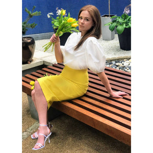 High Waisted Cotton Pencil Skirt in Yellow - Front 