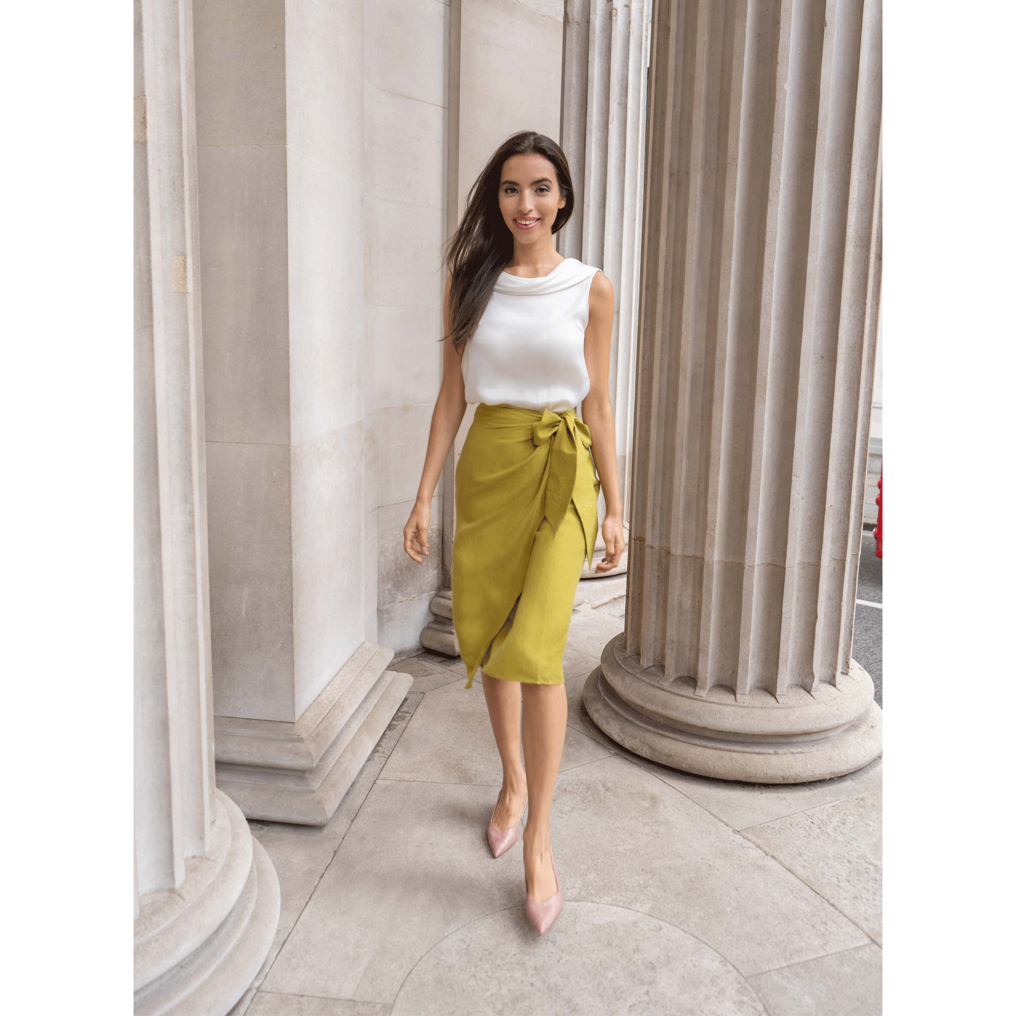 Olive Green Linen Bow Tie Wrap Designer Skirt FEMPONIQ Femponiq