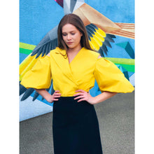 Load image into Gallery viewer, Model is Wearing Cold Shoulder Puff Sleeve Top - Yellow-Front.jpg

