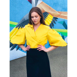 Model is Wearing Cold Shoulder Puff Sleeve Top - Yellow-Front.jpg
