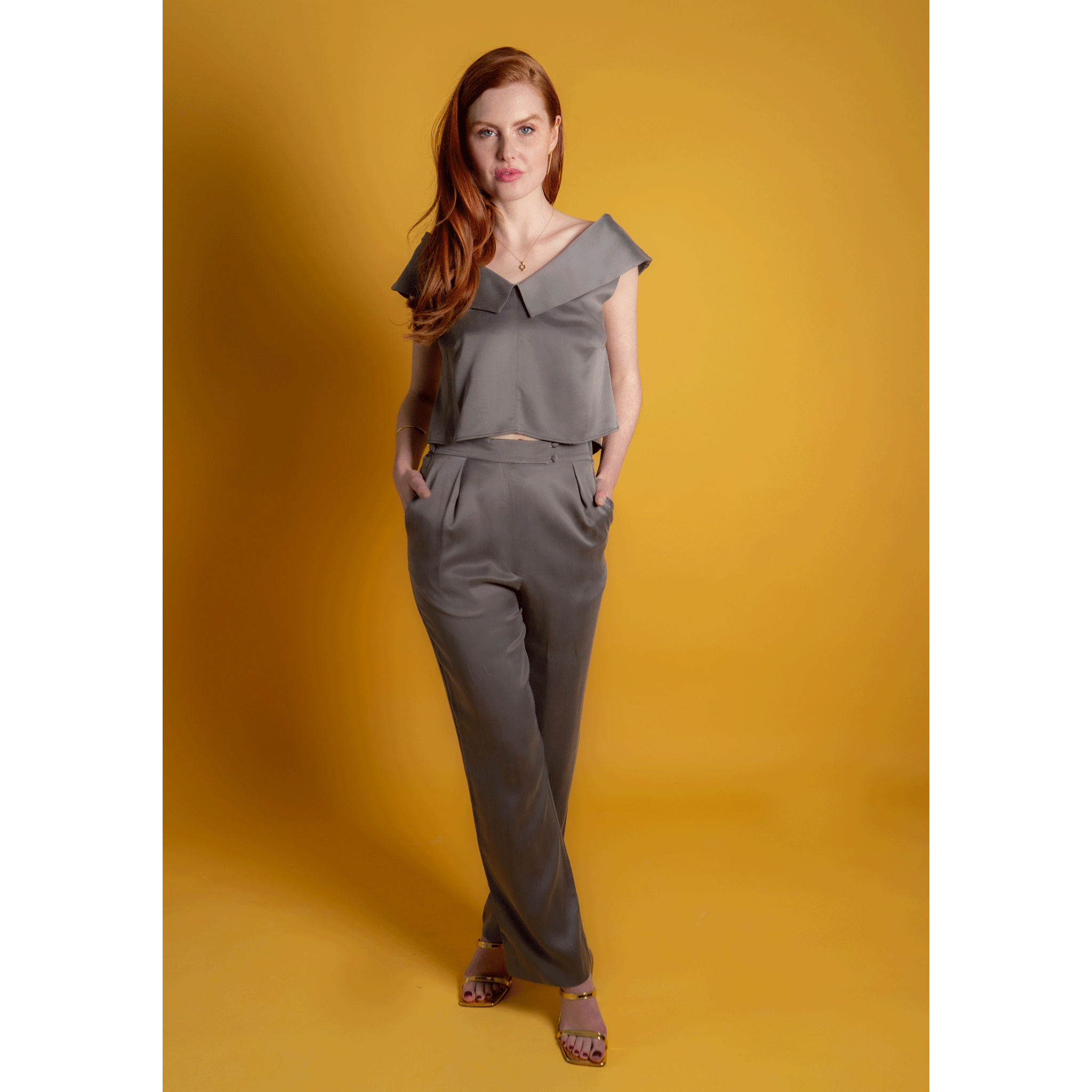 Grey Off-Shoulder Collared Crop Top – Femponiq