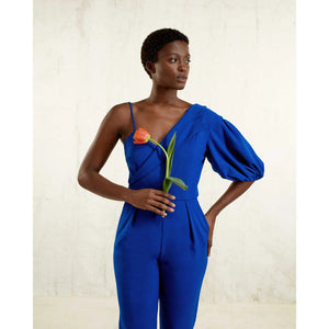 Peak Lapel Jumpsuit in Royal Blue - Front Close Up