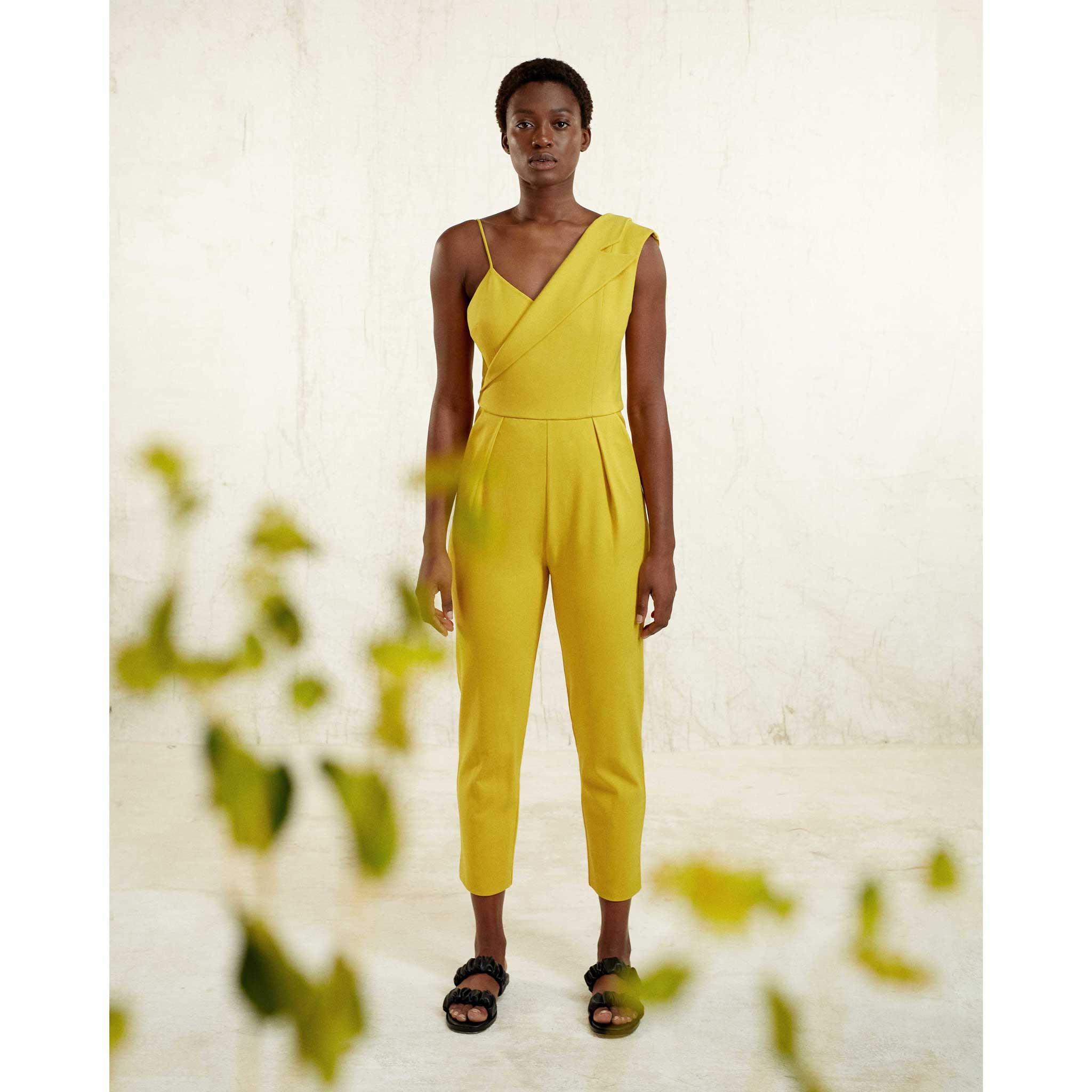 Mustard Yellow Peak Lapel Tailored Crepe Jumpsuit FEMPONIQ Femponiq