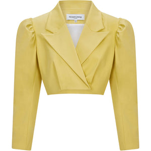 Puff Shoulder Cropped Cotton Blazer in Mustard Yellow - Front Product Picture