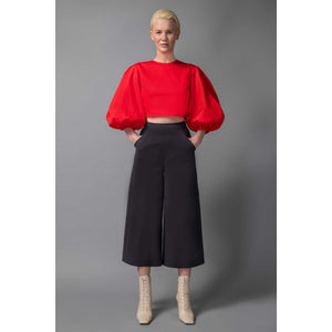Puff Sleeve Cropped Cotton Top in Red - Front Look