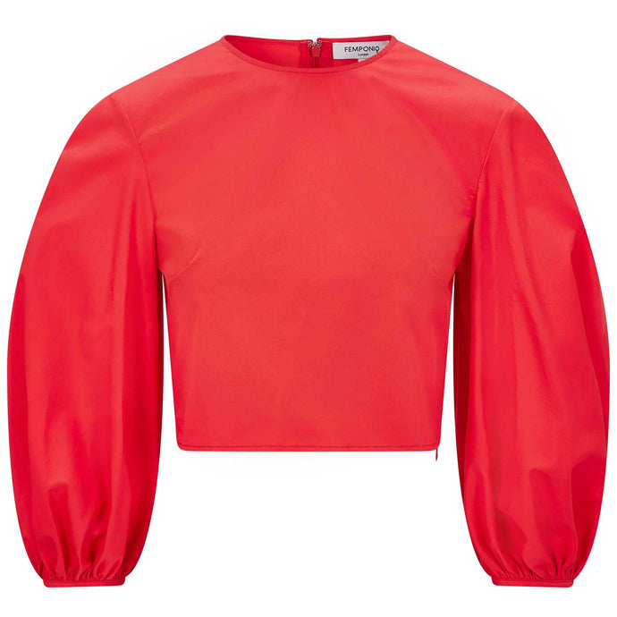 Puff Sleeve Cropped Cotton Top in Red - Front Product Picture