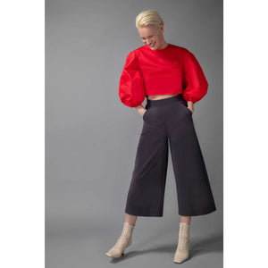 Puff Sleeve Cropped Cotton Top in Red - Front Side