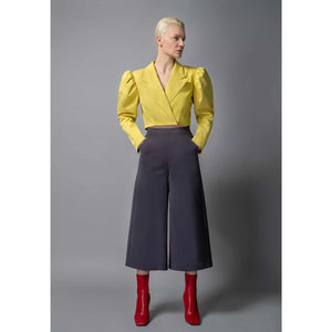 Puff Shoulder Cropped Cotton Blazer in Mustard Yellow - Front