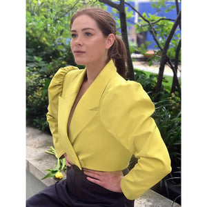 Puff Shoulder Cropped Cotton Blazer (Mustard Yellow) Close Up Side Look