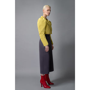 Puff Shoulder Cropped Cotton Blazer in Mustard Yellow - Front Side Look