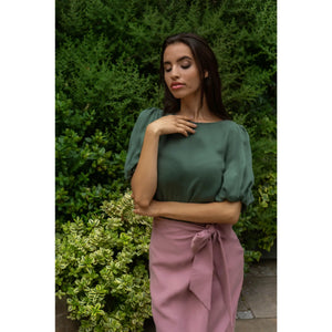  Green Puff Sleeve Vegan- Cupro Blouse | Femponiq