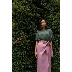  Green Puff Sleeve Vegan- Cupro Blouse | Femponiq