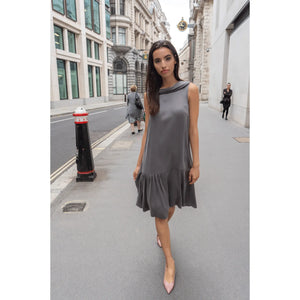 Grey Roll Collar Dress with Cutaway Neck | Femponiq