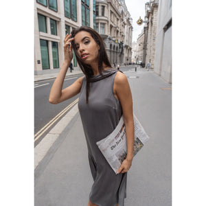 Grey Roll Collar Dress with Cutaway Neck | Femponiq