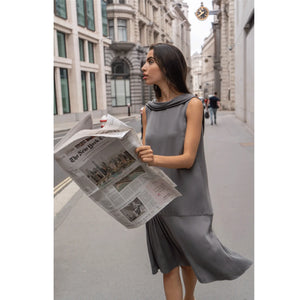 Grey Roll Collar Dress with Cutaway Neck | Femponiq