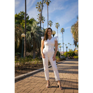 White Ruffled Sleeve Tuxedo Jumpsuit | Femponiq