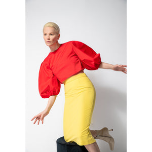 Model Is Wearing High Waisted Cotton Yellow Pencil Skirt - Front Side View