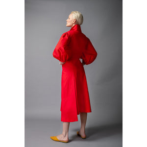 Asymmetric A-Line Cotton Dress in Red - Back Side 