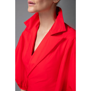 Asymmetric A-Line Cotton Dress in Red - Front Lapel Detail
