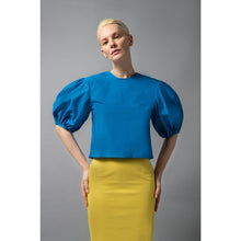 Load image into Gallery viewer, Model Is Wearing Short Puff Sleeve Blue Cotton Top - Front View
