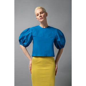 Model Is Wearing Short Puff Sleeve Blue Cotton Top - Front View