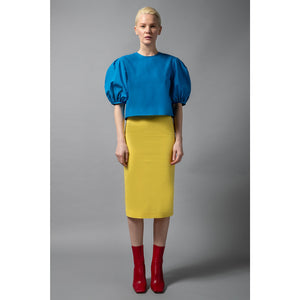 Model Is Wearing High Waisted Cotton Yellow Pencil Skirt - Front View