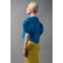 Load image into Gallery viewer, Model Is Wearing Short Puff Sleeve Blue Cotton Top - Back Side View
