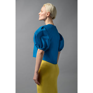 Model Is Wearing Short Puff Sleeve Blue Cotton Top - Back Side View