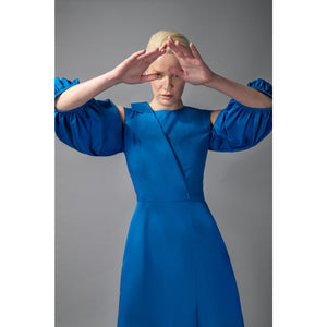 Model Is Wearing Asymmetric A-Line Cotton Dress in  Blue - Close Up Front View