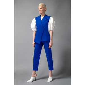 Model Is Wearing HigH Waisted Royal Blue Cropped Cotton Trouser - Front View 