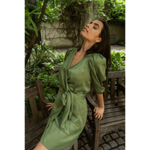 Load image into Gallery viewer, Model is wearing Femponiq  Green Wrap Dress
