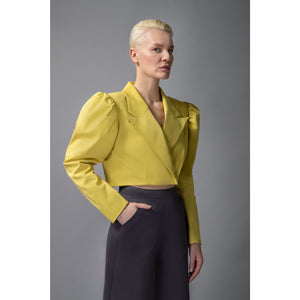  Puff Shoulder Cropped Cotton Blazer in Mustard Yellow - Front Side 