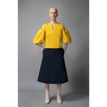 Load image into Gallery viewer, Model is Wearing Cold Shoulder Puff Sleeve Lapel Top in Golden Yellow - Front View
