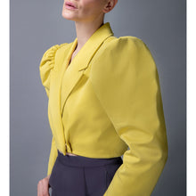 Load image into Gallery viewer, Puff Shoulder Cropped Cotton Blazer in Mustard Yellow - Front Side Close Up
